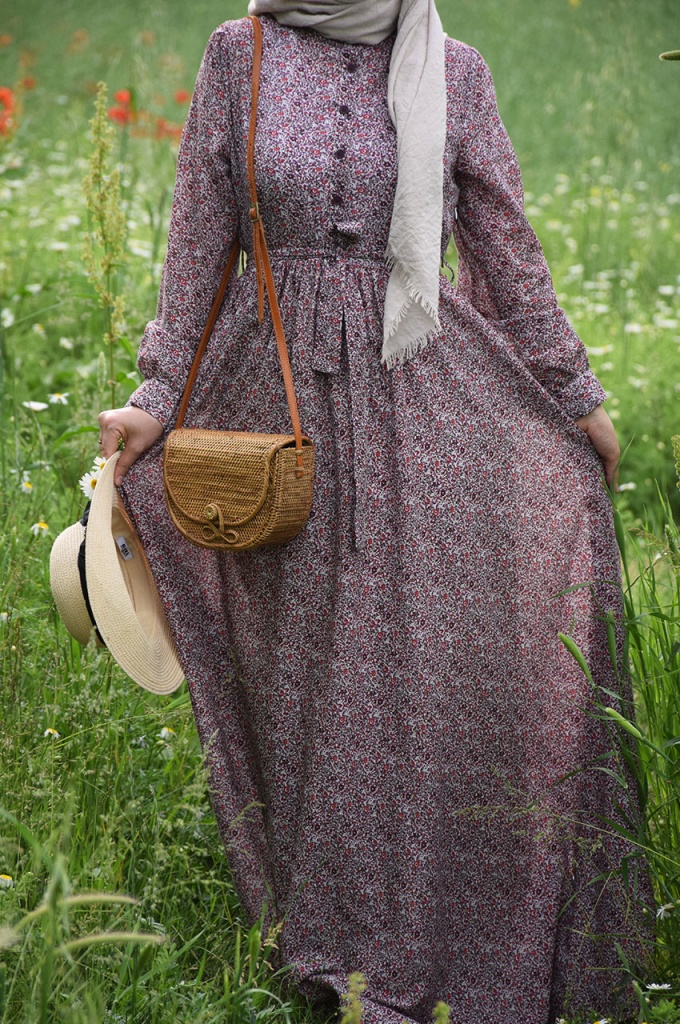 Çiçekli Bordo Vintage Elbise