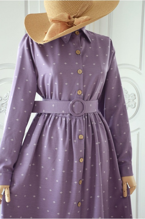 Pamuklu Düğmeli Lila Renk Elbise