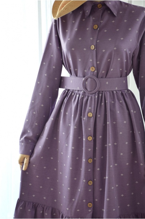 Pamuklu Düğmeli Lila Renk Elbise