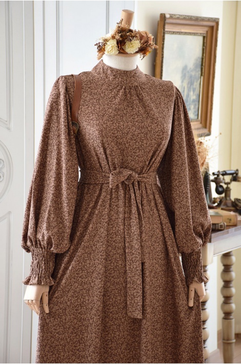 Kahverengi Çıtır Desenli Zarif Elbise