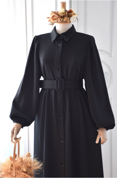 Düğmeli Model Siyah Renk Triko Elbise