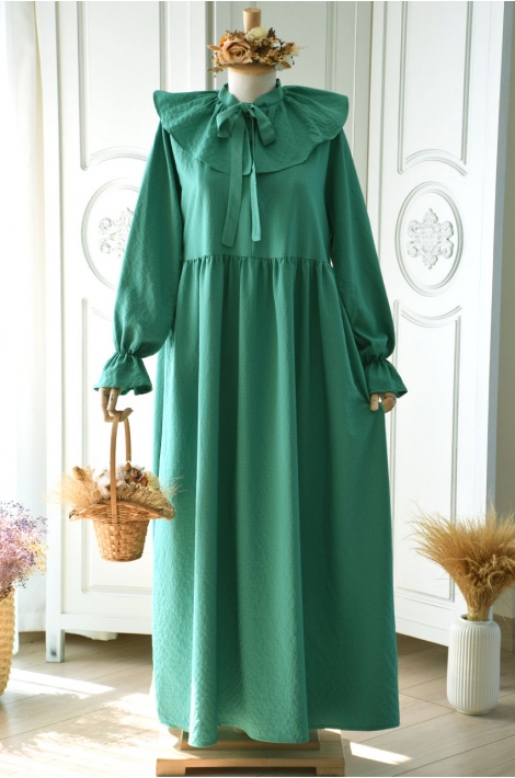 Pelerin Yaka Yeşil Renk Elbise