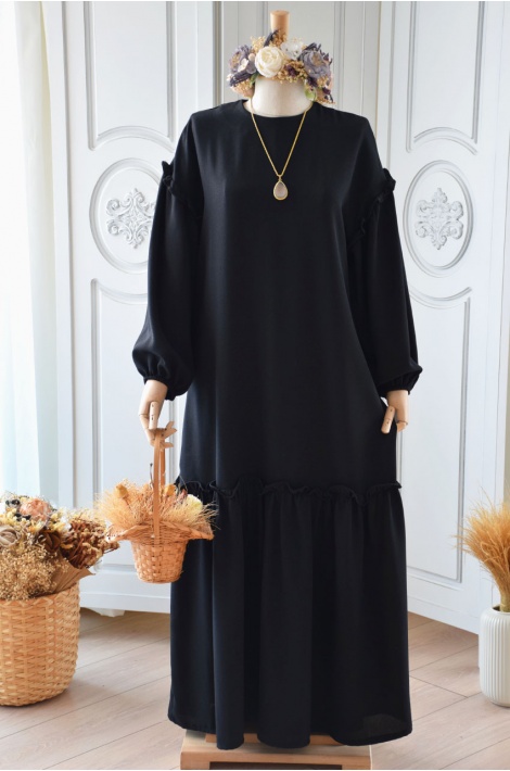 Fırfır Deteaylı Siyah Renk Krep Elbise