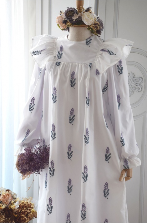 Rokoko Nakışlı Leylak Çiçek Elbise
