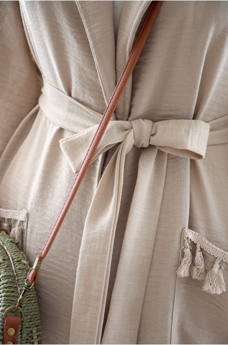 Püskül Detaylı Keten Kimono Bej Rengi