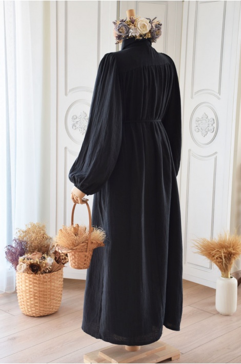 Robalı Model Müslin Elbise Siyah Renk