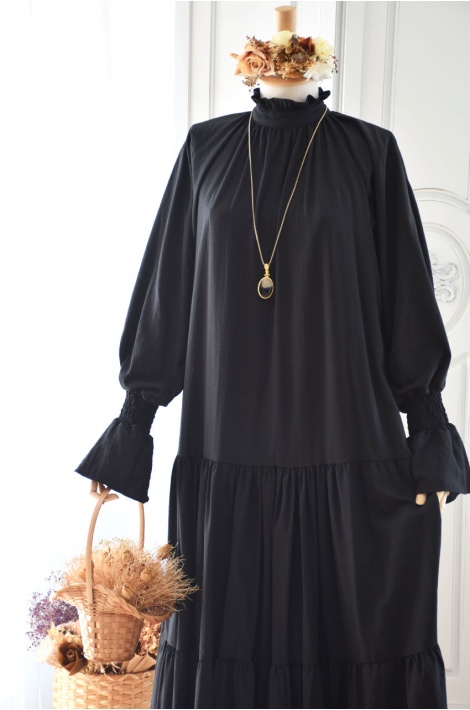 Siyah Renk Gofre Elbise