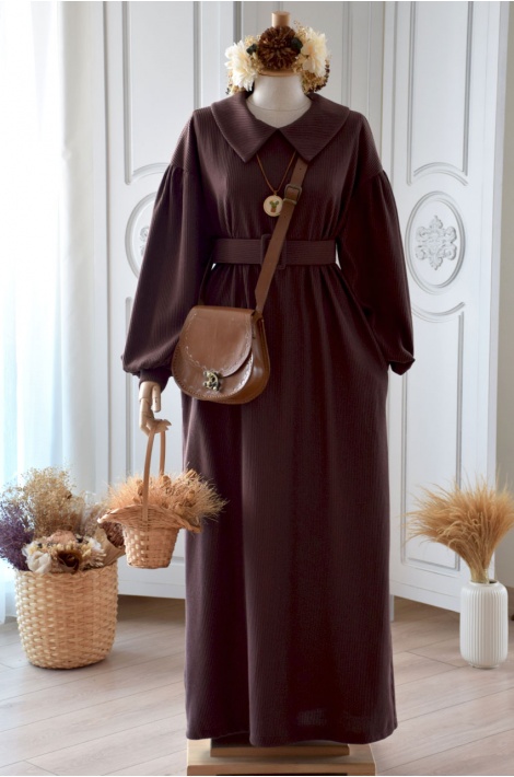 Manşet Yaka Fitilli Kahverengi Elbise