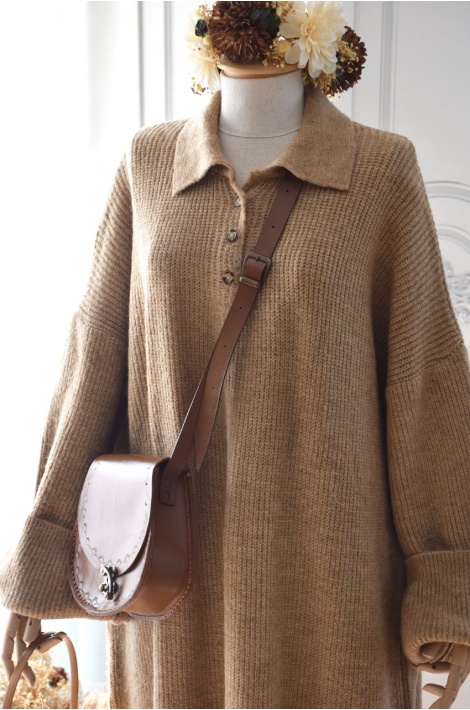 Düğmeli Model Triko Elbise Sütlü Kahverengi