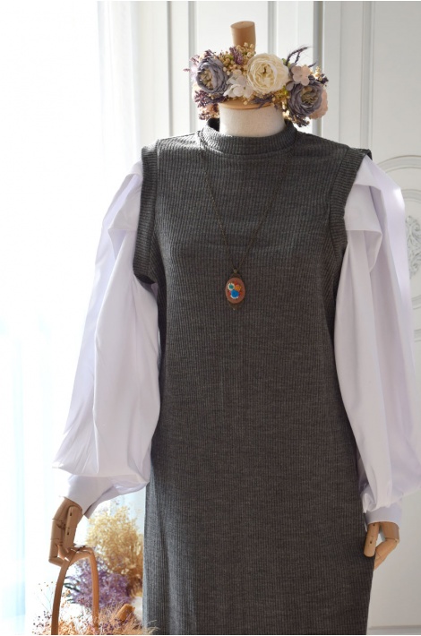 Gömlekli Model Füme Renk Triko Elbise