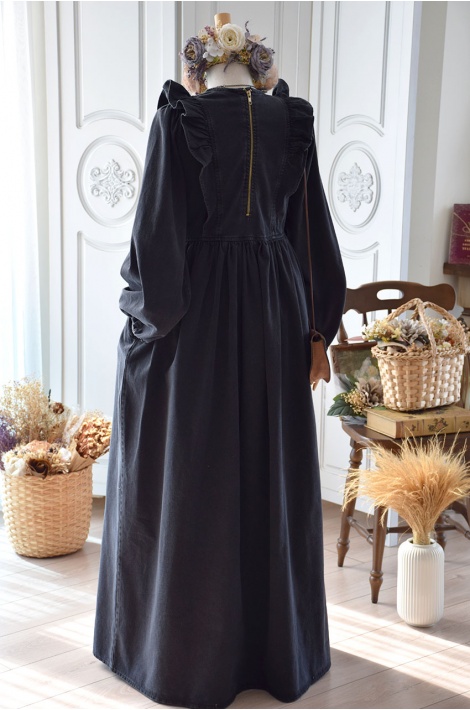 Volanlı Model Siyah Renk Kot Elbise