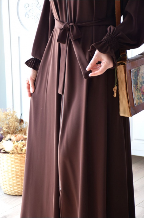 Fermuarlı Hijab Ferace Kahverengi