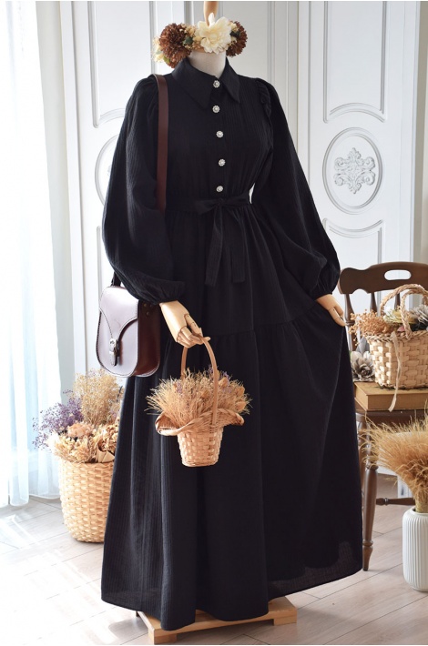 Taş Düğmeli Siyah Renk Elbise