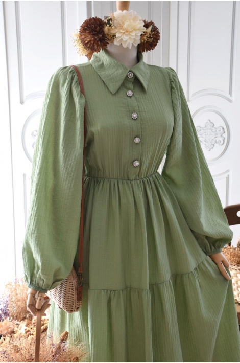 Taş Düğmeli İndigo Yeşil Renk Elbise