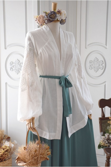 İnci Nakışlı Keten Kimono Beyaz Renk