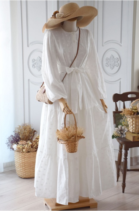 Kendinden Desenli Pamuklu Beyaz Renk Elbise