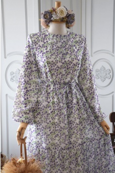 Çiçekli Şifon Elbise Lila Rengi