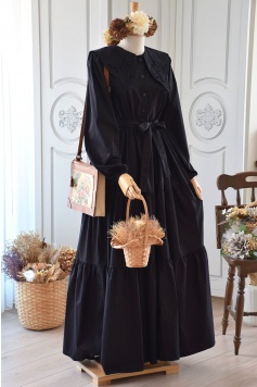 Yakası İşlemeli Poplin Elbise Siyah Renk