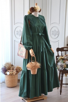 Yakası İşlemeli Poplin Elbise Zümrüt Yeşili Rengi